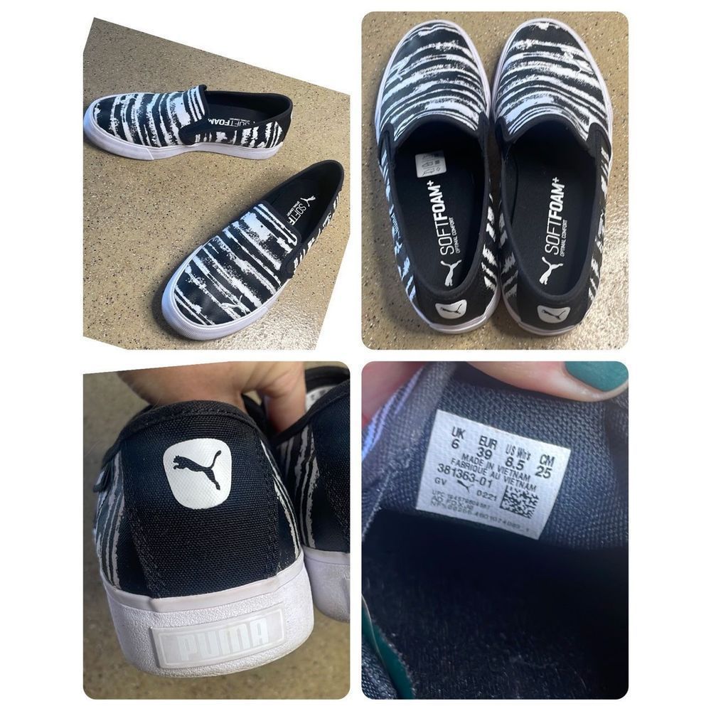 Puma Soft Foam Black & White Abstract Striped Canvas Slip On Sneakers sz 8.5